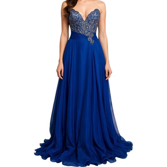 Mac Duggal Sequin Beaded Chiffon Evening Gown Prom Dress Strapless Royal Blue 16 - Picture 1 of 7